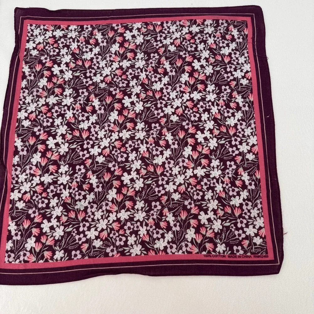 Vintage Burgundy Floral‎ Cotton Bandanna Scarf Wildflower Print RN52469